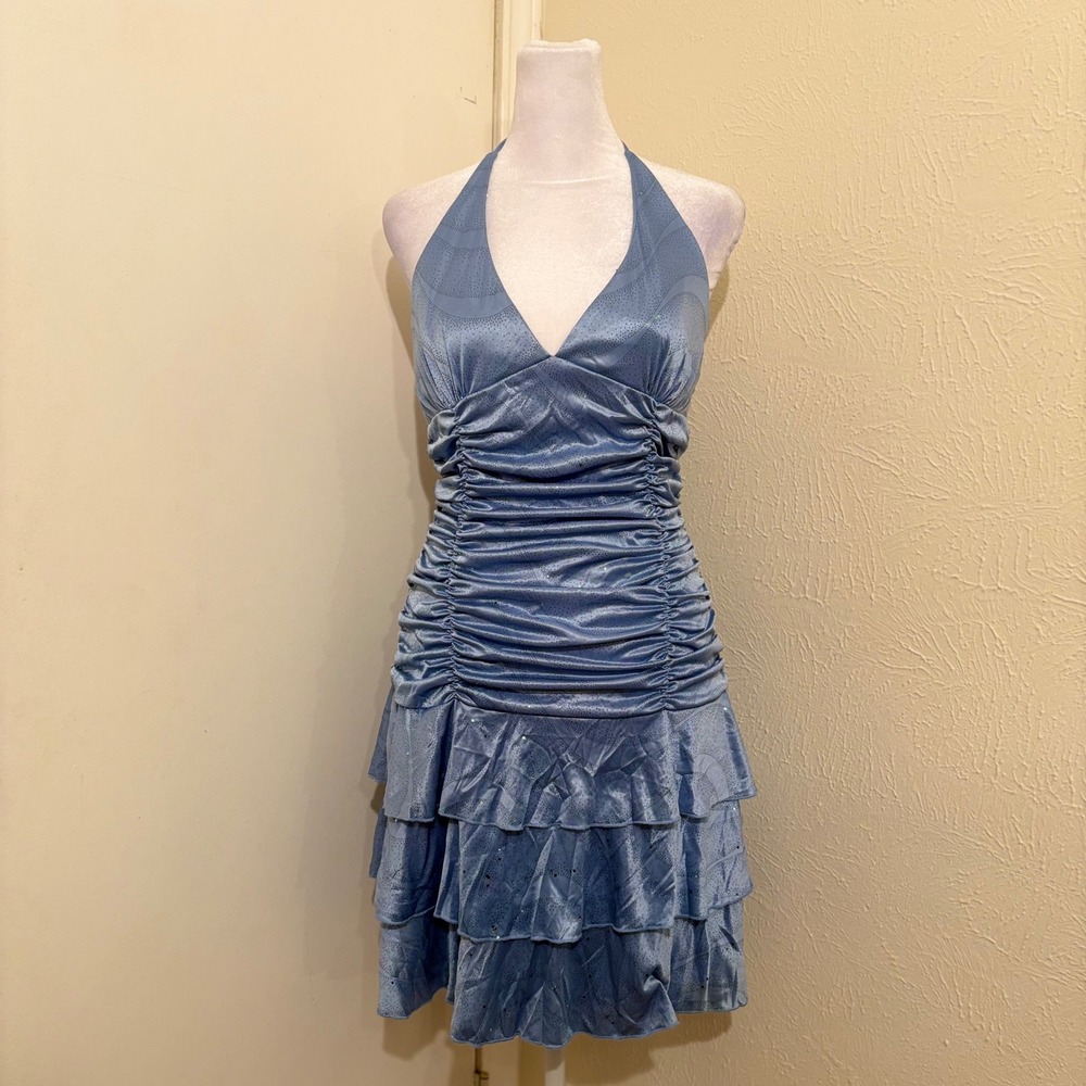 Vitg Y2K Pastel Blue Glitter Ruched Halter Mini Dress Ruffle Tiered Fairy Glam
